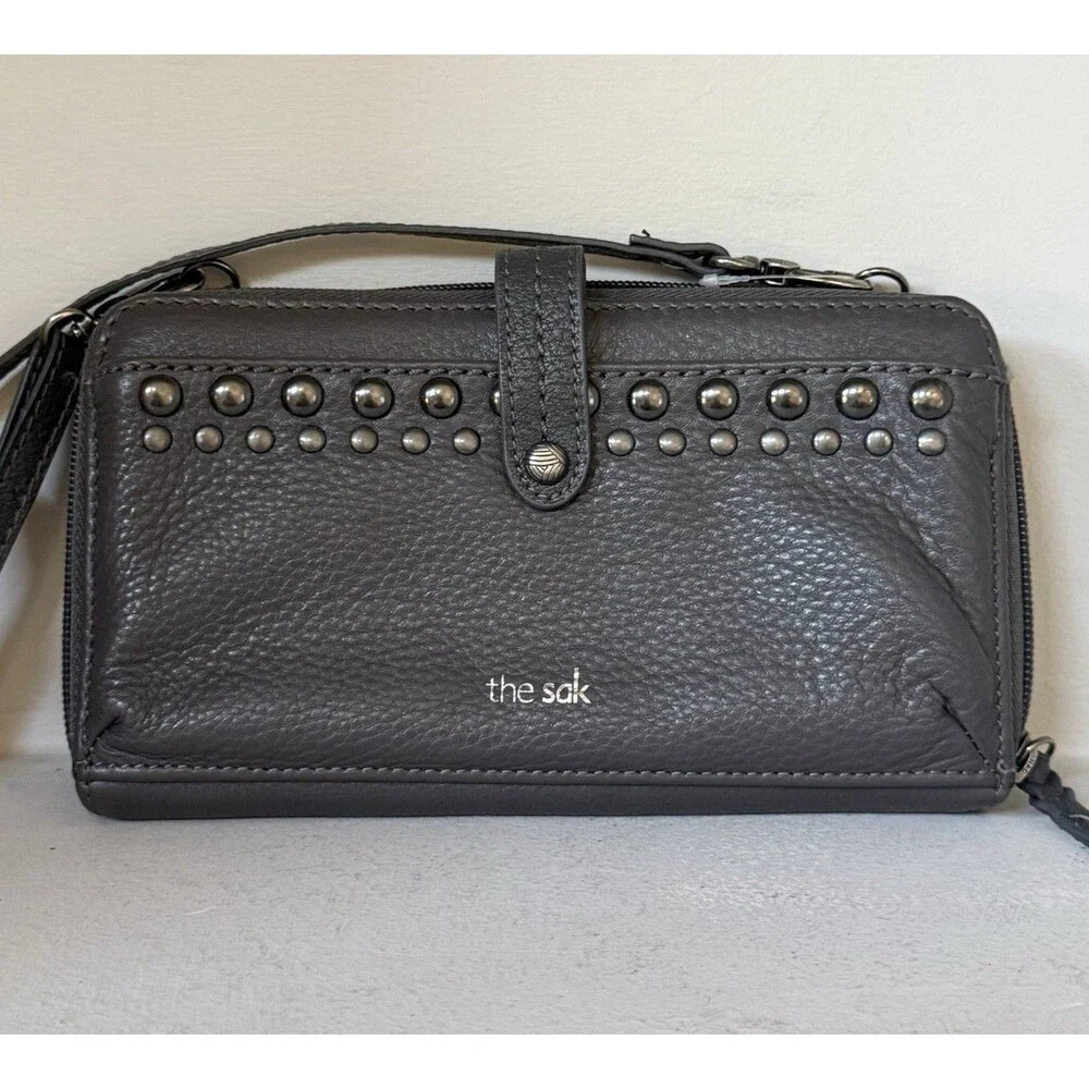 The Sak Iris Large Smartphone Crossbody Wristlet Gray Leather Studded